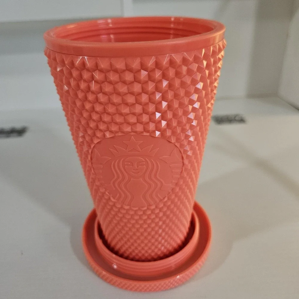 Starbucks Coral Salmon Pink Studded Grid Tumbler Cold Cup 16 oz (No Straw)